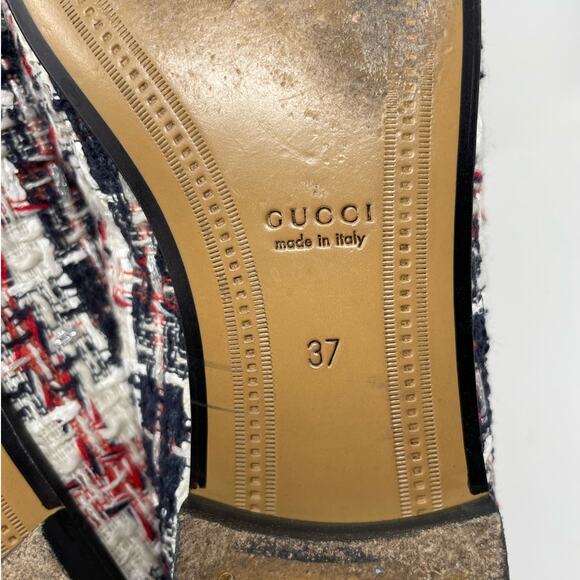 Gucci Jordaan Tweed Check Horsebit Flat Loafers Red White Blue Gold EU 37 - Picture 12 of 14